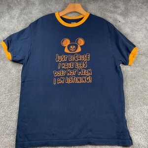 Disney Parks Mickey Mouse Ears Ringer T-Shirt Navy Orange Mens‎ Large RN84167